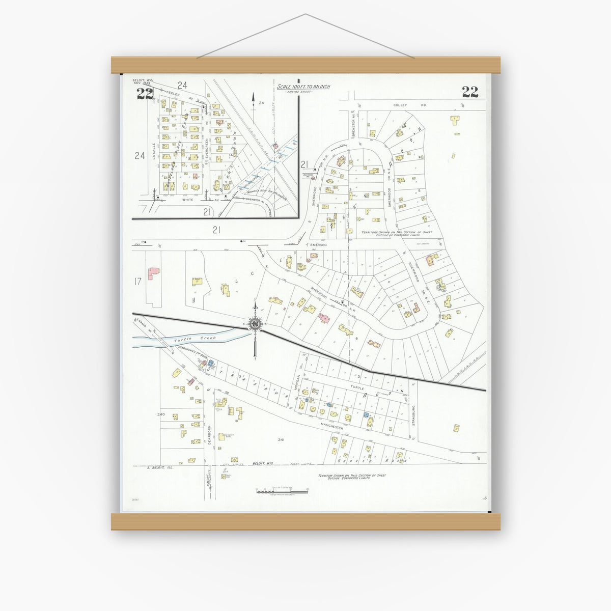 Old map wall art mockup — magnetic wood frame on white wall — Sanborn Fire Insurance Map from Beloit, Rock County, Wisconsin (1939), Sheet #0022