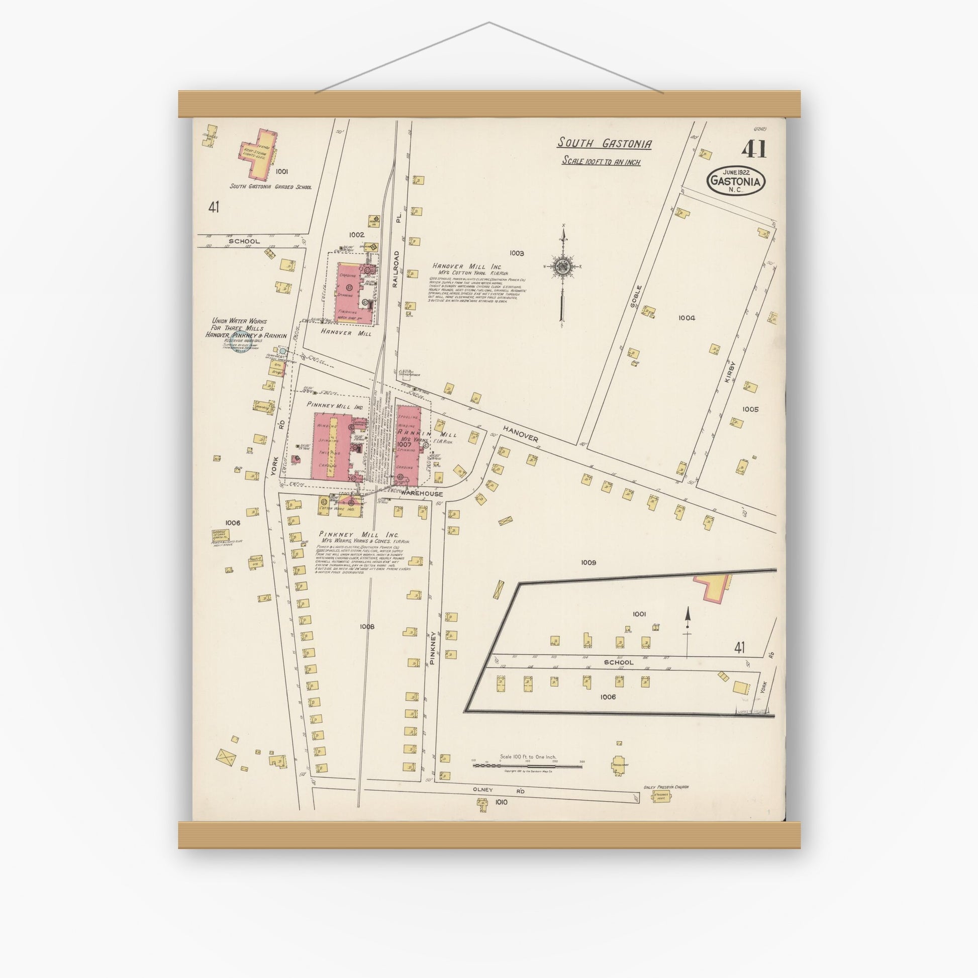 Old map wall art mockup — magnetic wood frame on white wall — Sanborn Fire Insurance Map from Gastonia, Gaston County, North Carolina (1922), Sheet #0041