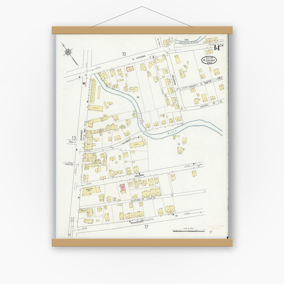 Old map wall art mockup — magnetic wood frame on white wall — Sanborn Fire Insurance Map from Adams, Berkshire County, Massachusetts (1914), Sheet #0014