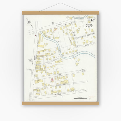 Old map wall art mockup — magnetic wood frame on white wall — Sanborn Fire Insurance Map from Adams, Berkshire County, Massachusetts (1914), Sheet #0014