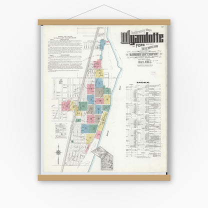 Old map wall art mockup — magnetic wood frame on white wall — Sanborn Fire Insurance Map from Wyandotte, Wayne County, Michigan (1912) - Complete Map Set