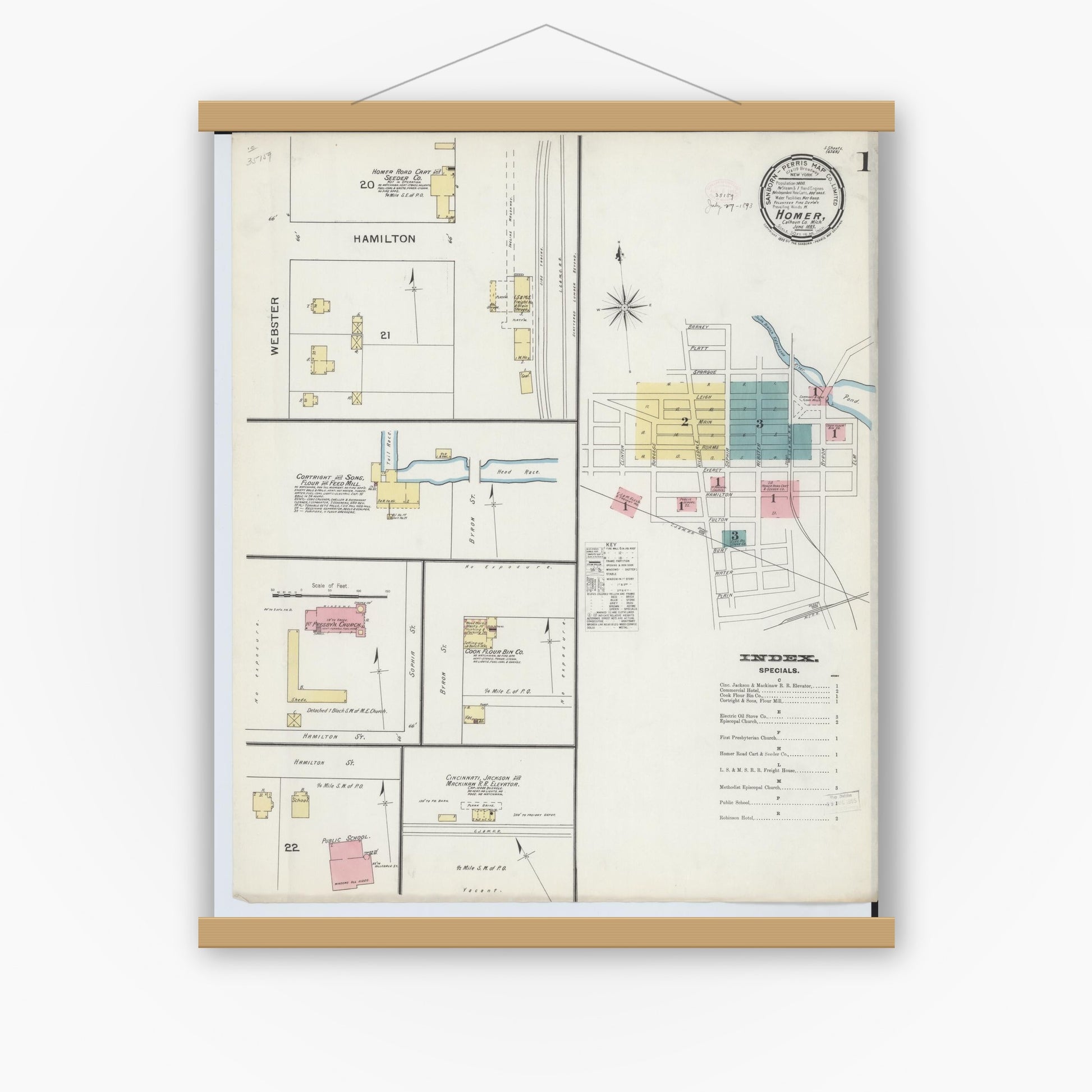 Old map wall art mockup — magnetic wood frame on white wall — Sanborn Fire Insurance Map from Homer, Calhoun County, Michigan (1893), Sheet #0001