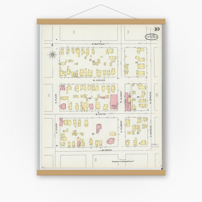 Old map wall art mockup — magnetic wood frame on white wall — Sanborn Fire Insurance Map from Ithaca, Tompkins County, New York (1893), Sheet #0010