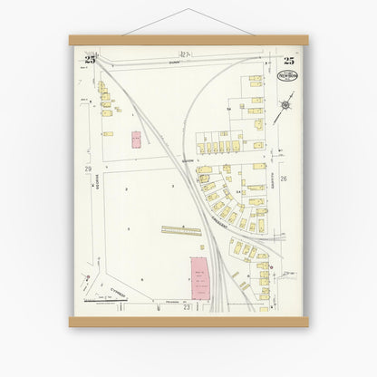 Old map wall art mockup — magnetic wood frame on white wall — Sanborn Fire Insurance Map from New Bern, Craven County, North Carolina (1924), Sheet #0025