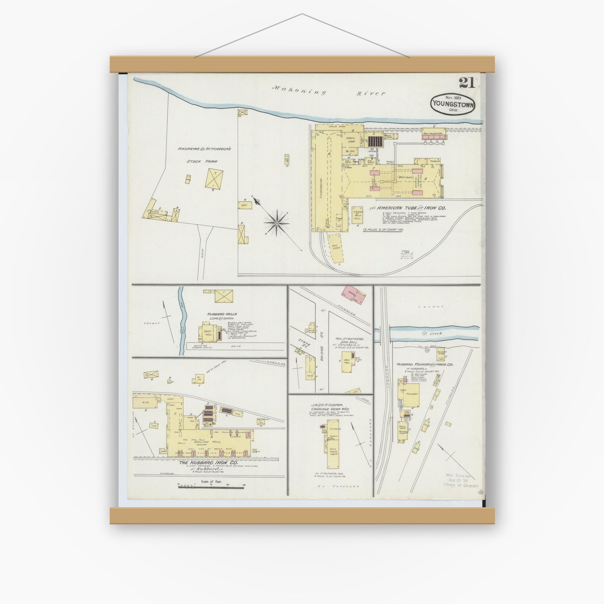 Old map wall art mockup — magnetic wood frame on white wall — Sanborn Fire Insurance Map from Youngstown, Mahoning County, Ohio (1889), Sheet #0021