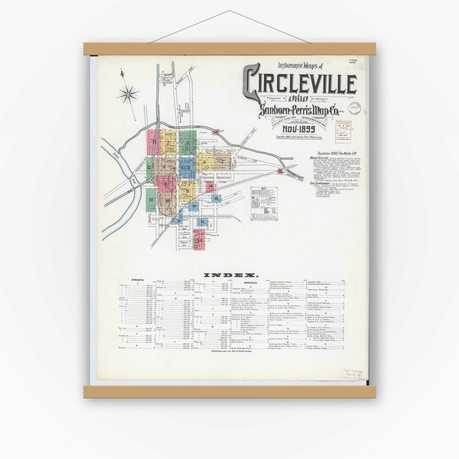 Old map wall art mockup — magnetic wood frame on white wall — Sanborn Fire Insurance Map from Circleville, Pickaway County, Ohio (1899) - Complete Map Set