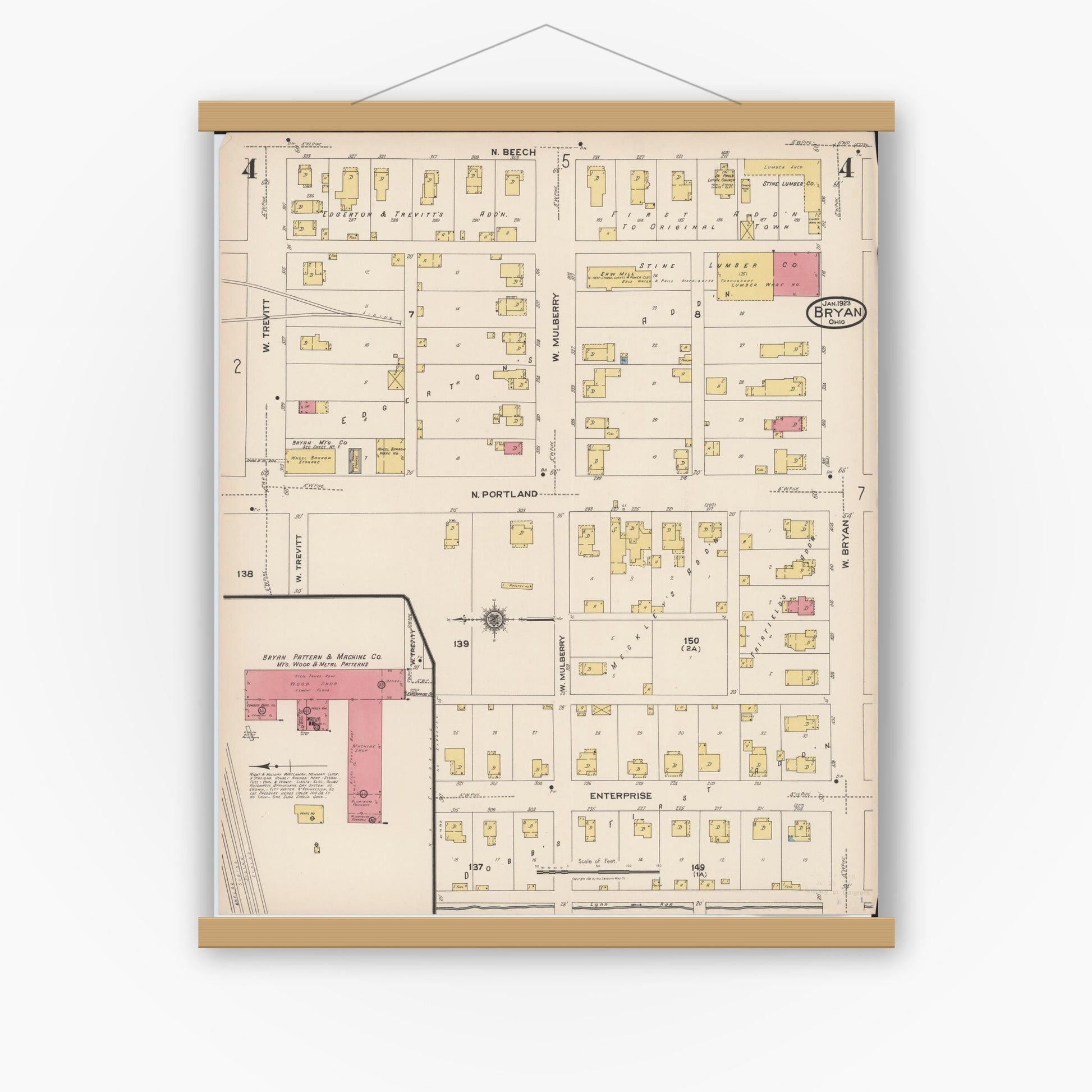 Old map wall art mockup — magnetic wood frame on white wall — Sanborn Fire Insurance Map from Bryan, Williams County, Ohio (1923), Sheet #0004