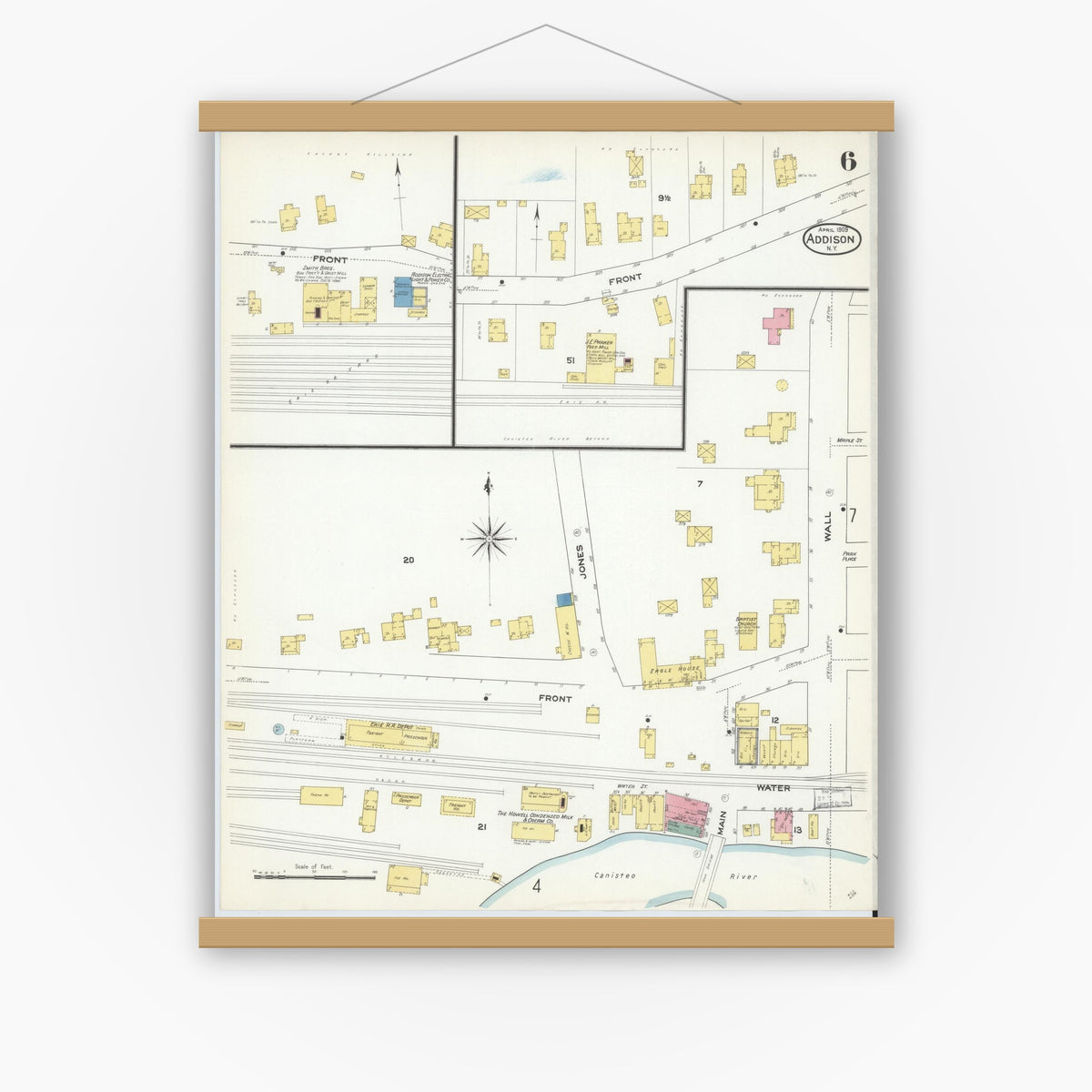 Old map wall art mockup — magnetic wood frame on white wall — Sanborn Fire Insurance Map from Addison, Steuben County, New York (1909), Sheet #0006