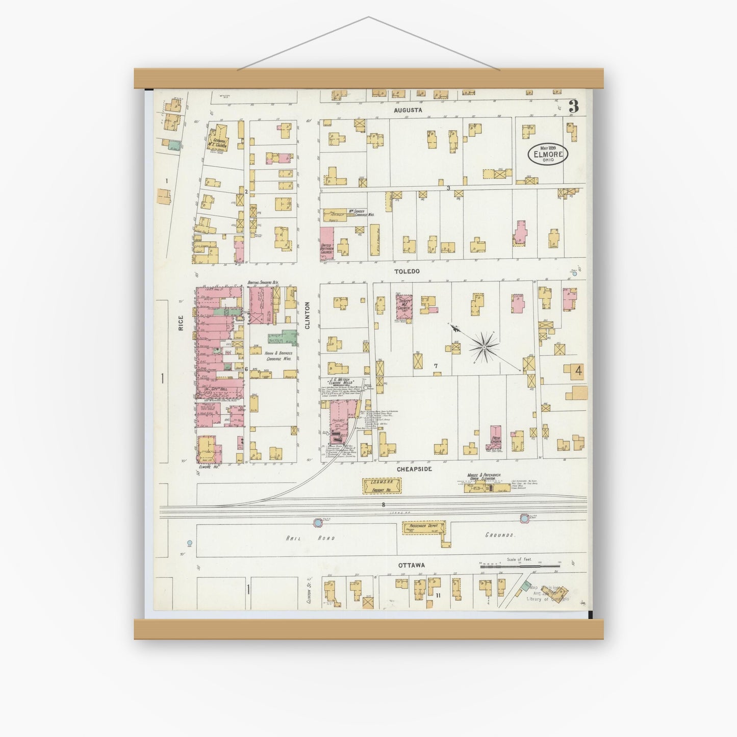 Old map wall art mockup — magnetic wood frame on white wall — Sanborn Fire Insurance Map from Elmore, Ottawa County, Ohio (1899), Sheet #0003
