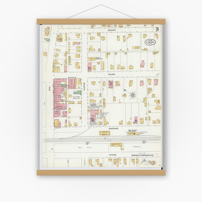 Old map wall art mockup — magnetic wood frame on white wall — Sanborn Fire Insurance Map from Elmore, Ottawa County, Ohio (1899), Sheet #0003