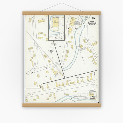 Old map wall art mockup — magnetic wood frame on white wall — Sanborn Fire Insurance Map from Amherst, Hampshire County, Massachusetts (1916), Sheet #0015