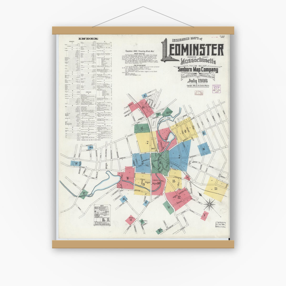 Old map wall art mockup — magnetic wood frame on white wall — Sanborn Fire Insurance Map from Leominster, Worcester County, Massachusetts (1906) - Complete Map Set