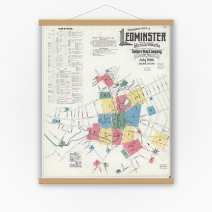 Old map wall art mockup — magnetic wood frame on white wall — Sanborn Fire Insurance Map from Leominster, Worcester County, Massachusetts (1906) - Complete Map Set