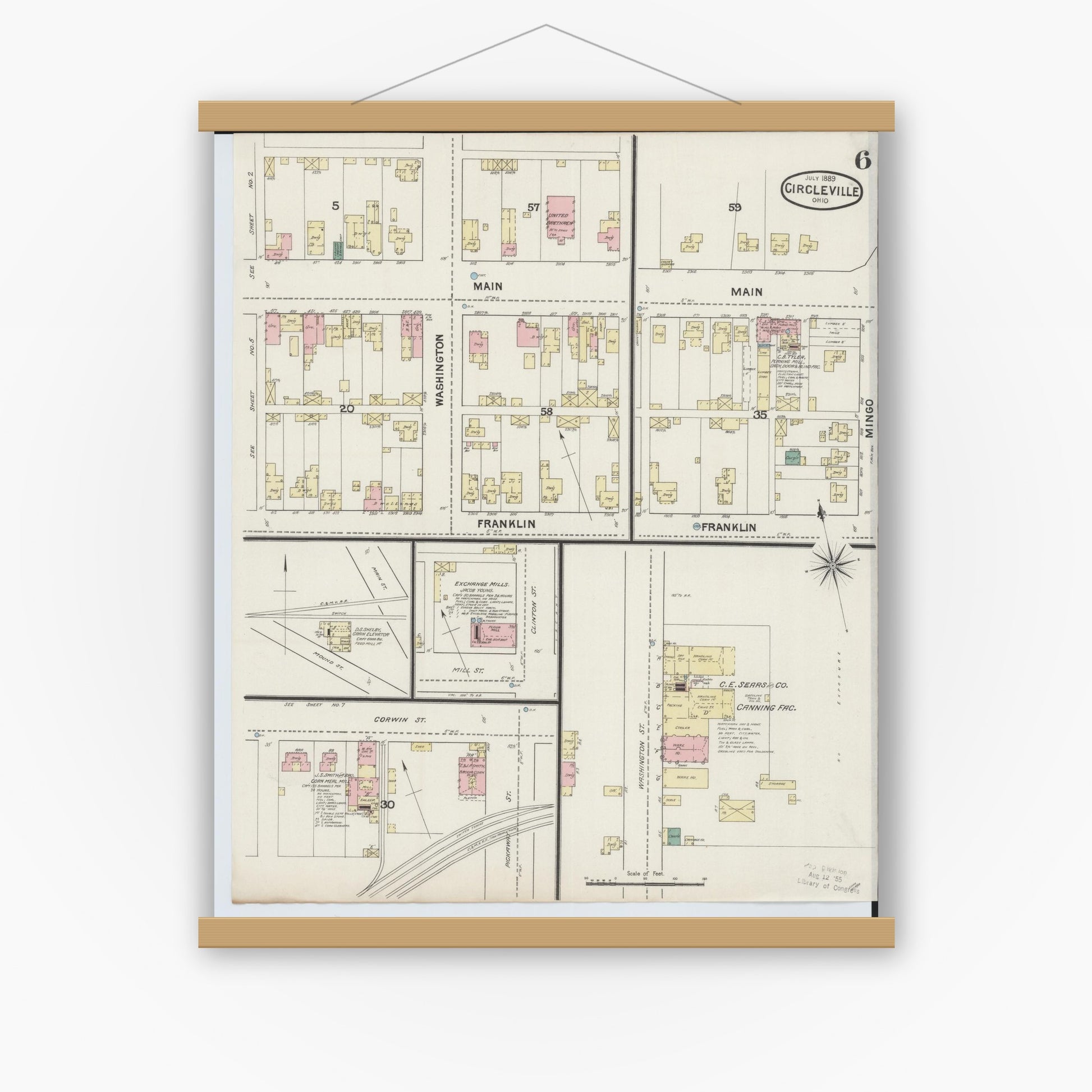 Old map wall art mockup — magnetic wood frame on white wall — Sanborn Fire Insurance Map from Circleville, Pickaway County, Ohio (1889), Sheet #0006