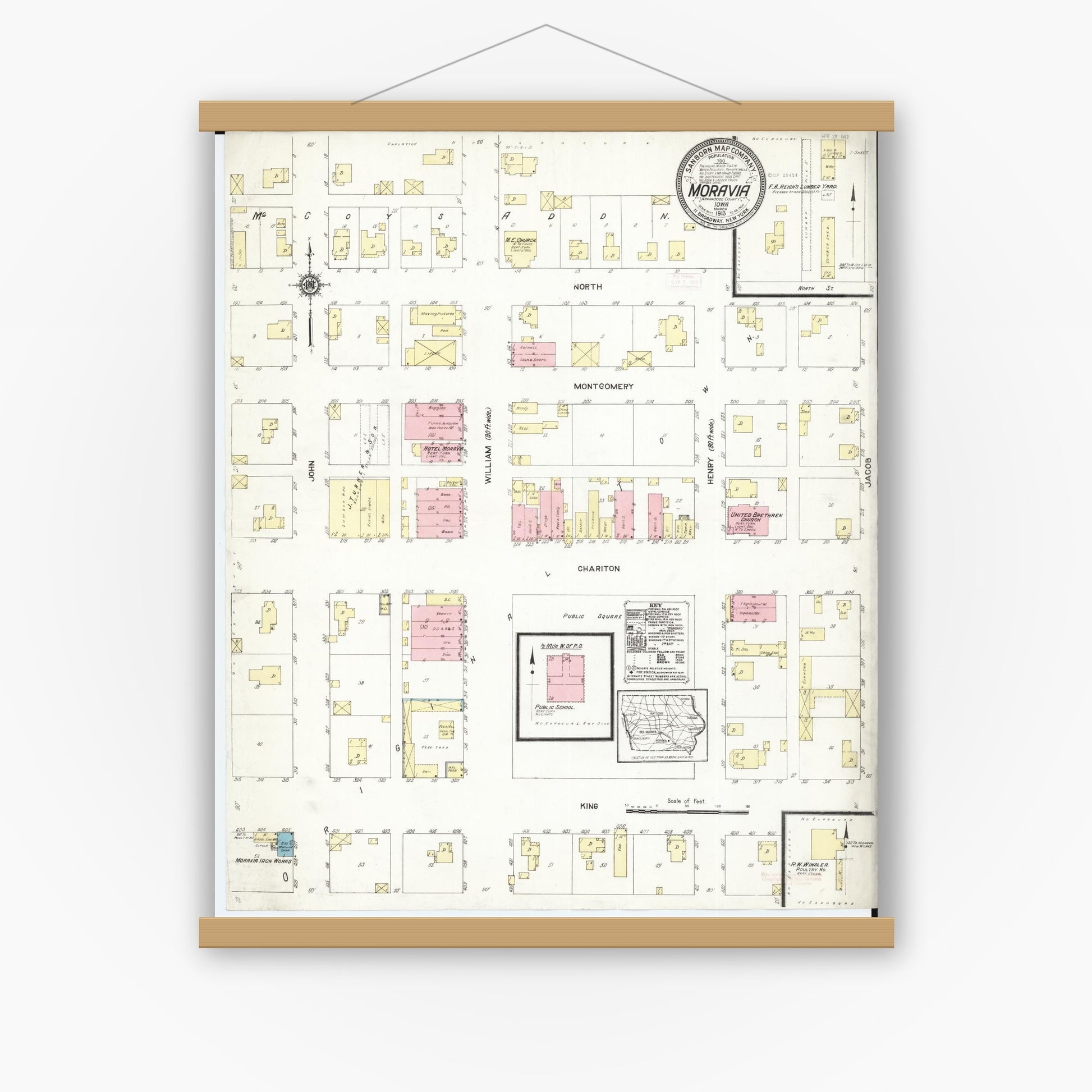 Old map wall art mockup — magnetic wood frame on white wall — Sanborn Fire Insurance Map from Moravia, Appanoose County, Iowa (1913), Sheet #0001