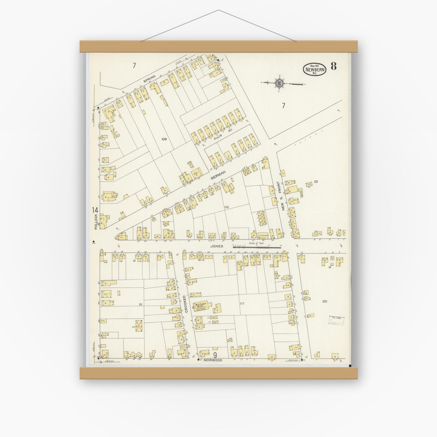 Old map wall art mockup — magnetic wood frame on white wall — Sanborn Fire Insurance Map from New Bern, Craven County, North Carolina (1913), Sheet #0008
