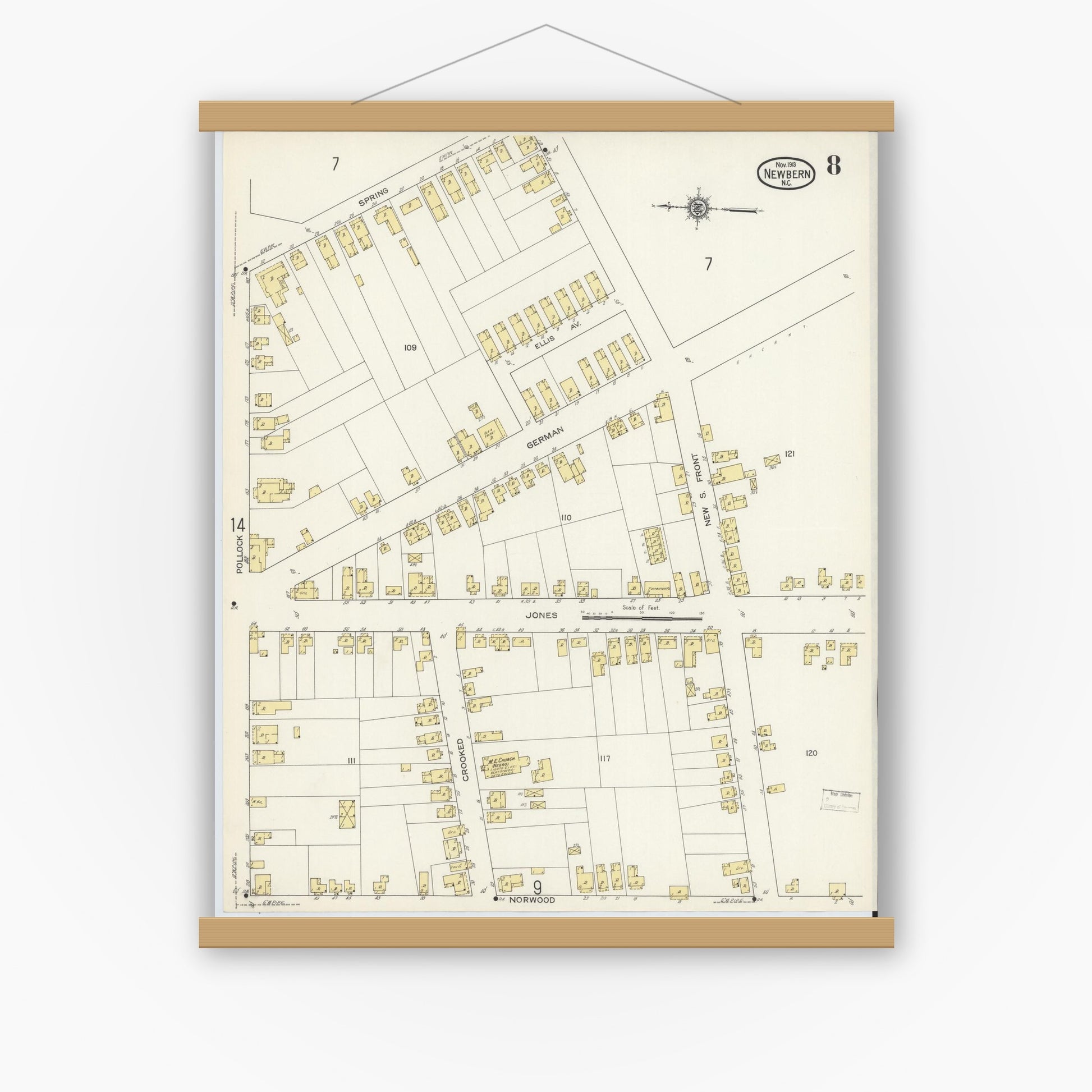 Old map wall art mockup — magnetic wood frame on white wall — Sanborn Fire Insurance Map from New Bern, Craven County, North Carolina (1913), Sheet #0008