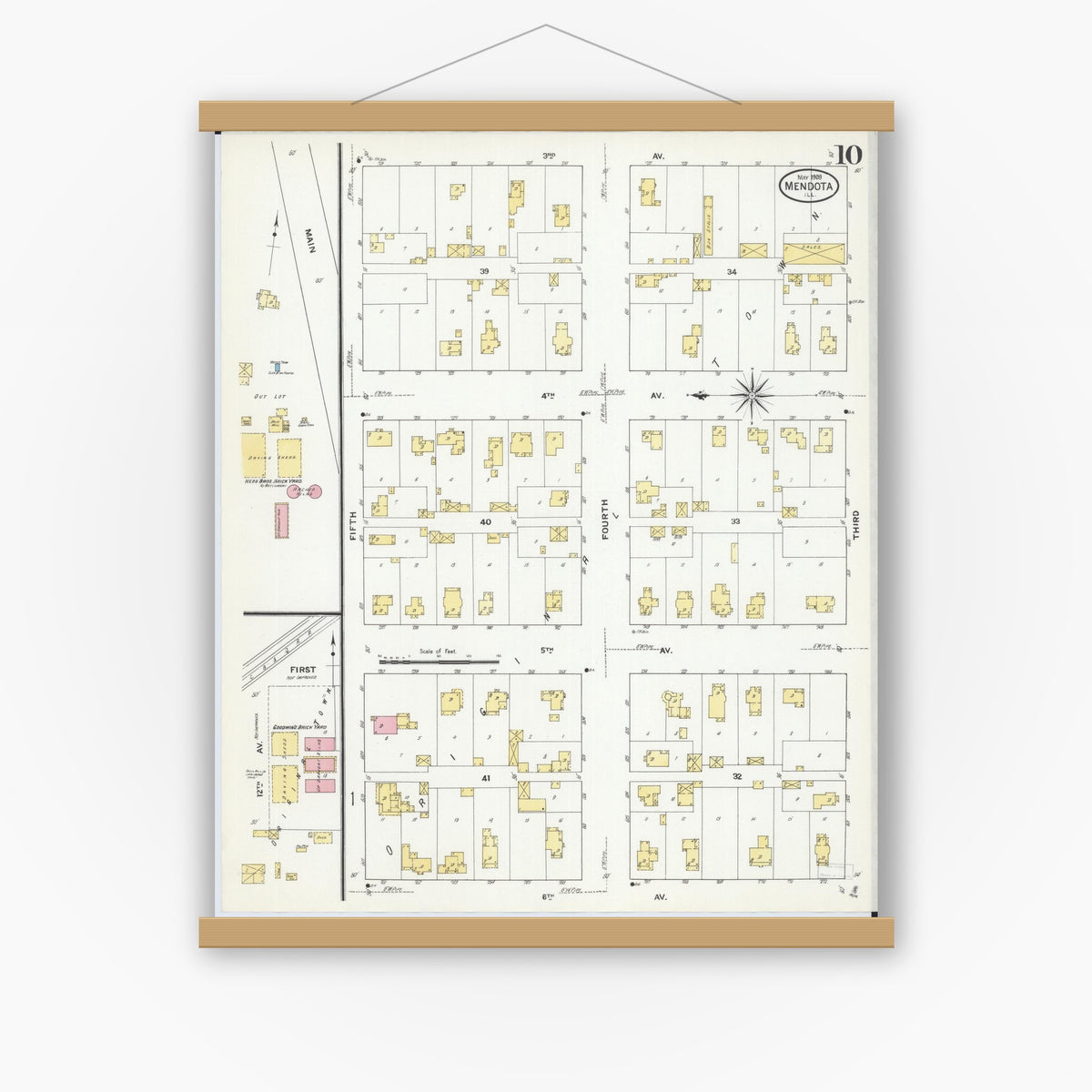 Old map wall art mockup — magnetic wood frame on white wall — Sanborn Fire Insurance Map from Mendota, La Salle County, Illinois (1909), Sheet #0010