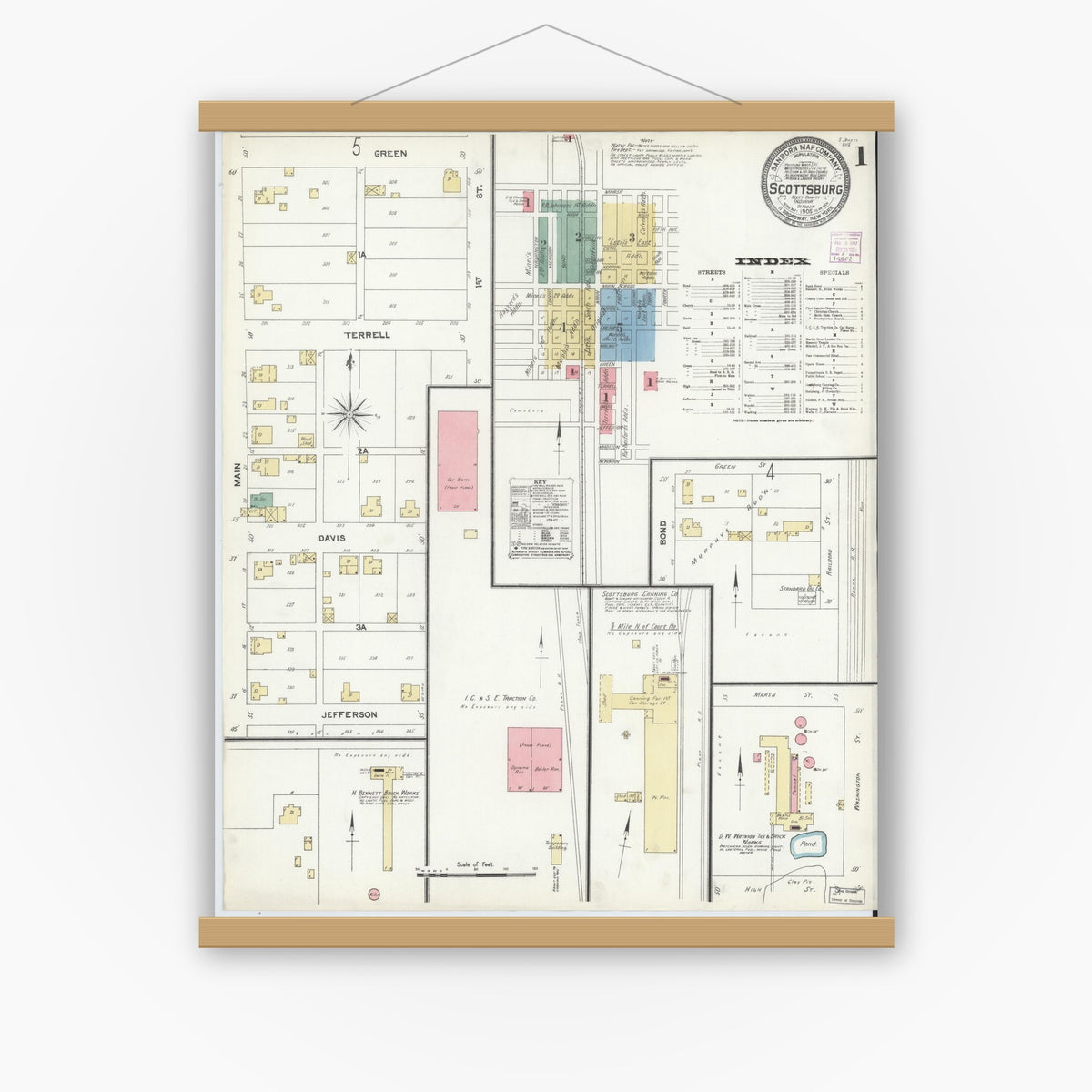 Old map wall art mockup — magnetic wood frame on white wall — Sanborn Fire Insurance Map from Scottsburg, Scott County, Indiana (1906), Sheet #0001
