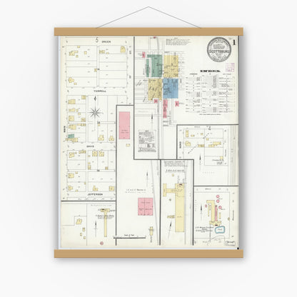 Old map wall art mockup — magnetic wood frame on white wall — Sanborn Fire Insurance Map from Scottsburg, Scott County, Indiana (1906), Sheet #0001