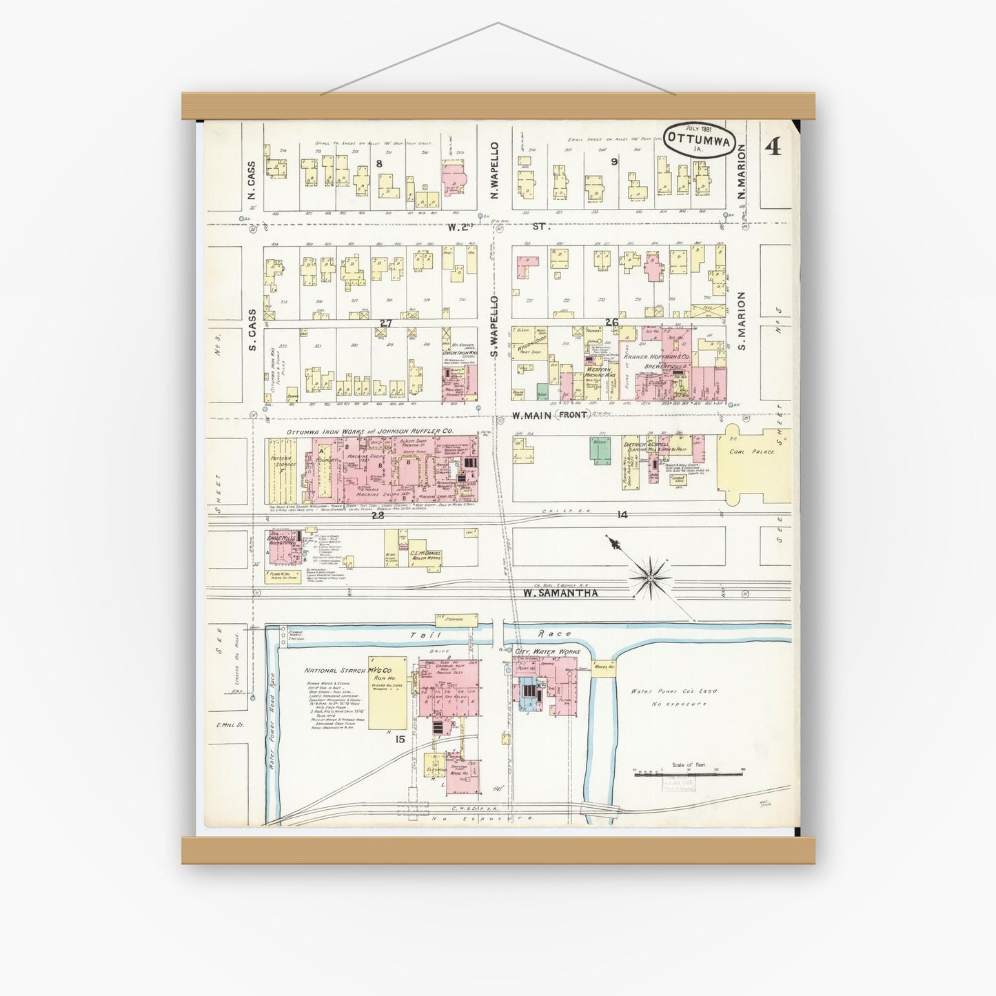 Old map wall art mockup — magnetic wood frame on white wall — Sanborn Fire Insurance Map from Ottumwa, Wapello County, Iowa (1891), Sheet #0004