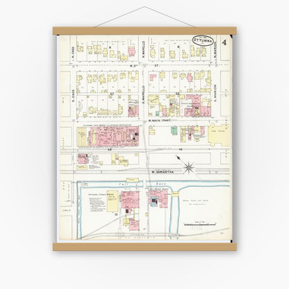 Old map wall art mockup — magnetic wood frame on white wall — Sanborn Fire Insurance Map from Ottumwa, Wapello County, Iowa (1891), Sheet #0004