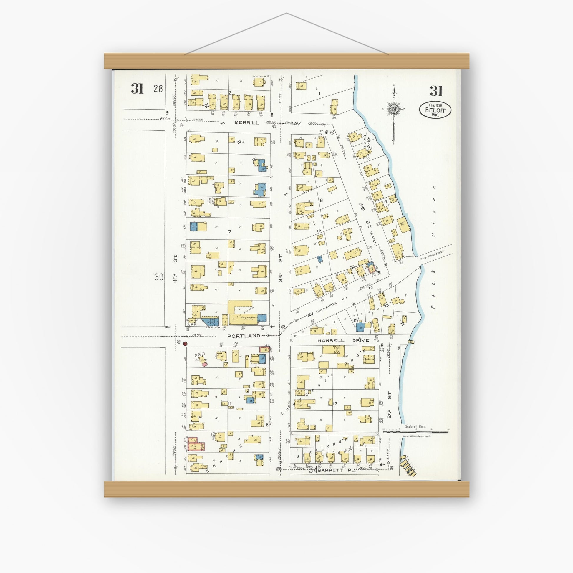 Old map wall art mockup — magnetic wood frame on white wall — Sanborn Fire Insurance Map from Beloit, Rock County, Wisconsin (1926), Sheet #0031