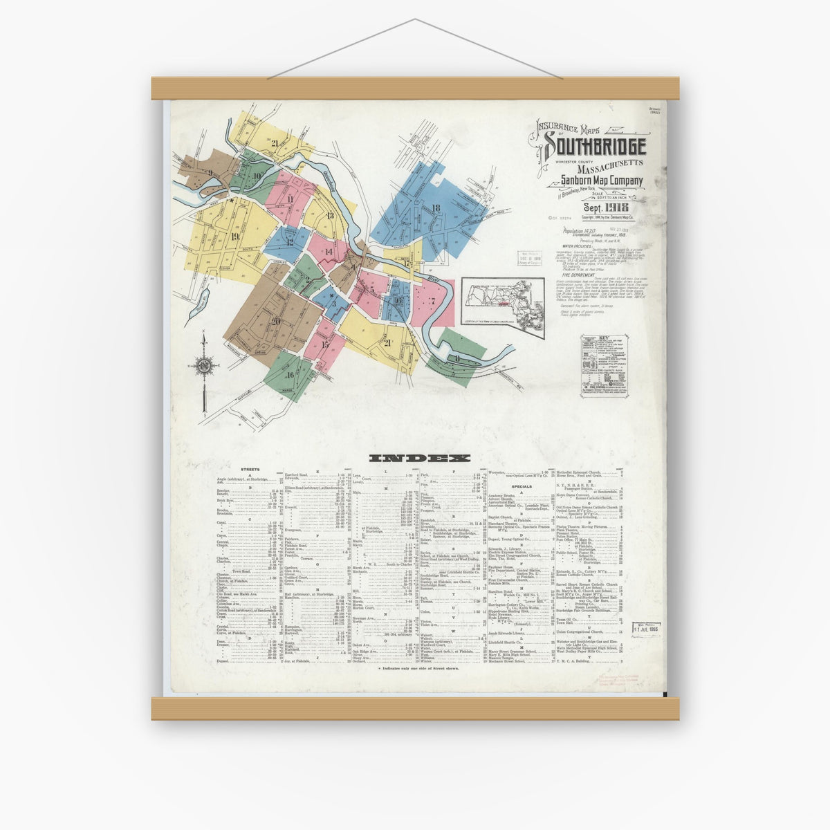 Old map wall art mockup — magnetic wood frame on white wall — Sanborn Fire Insurance Map from Southbridge, Worcester County, Massachusetts (1918) - Complete Map Set