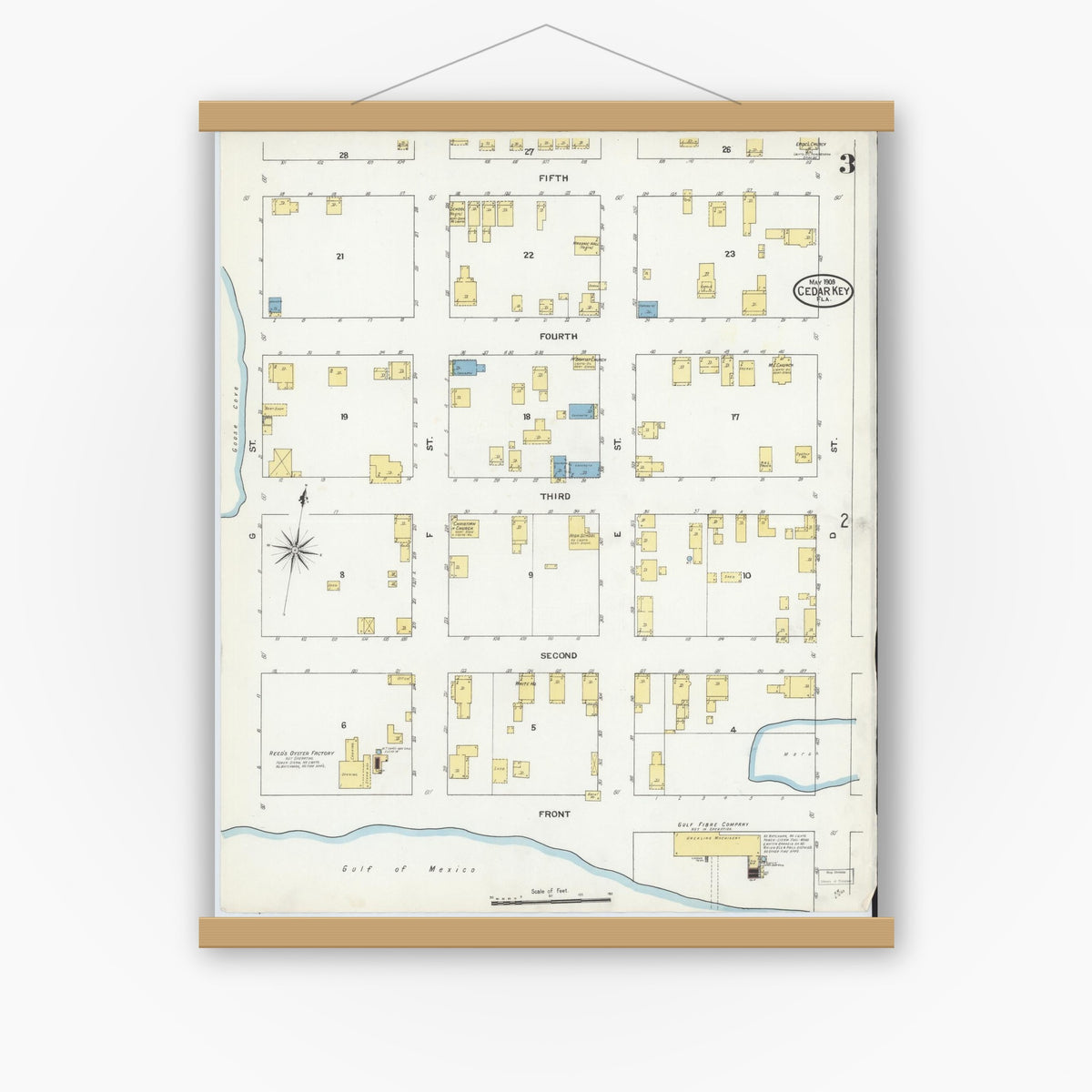 Old map wall art mockup — magnetic wood frame on white wall — Sanborn Fire Insurance Map from Cedar Key, Levy County, Florida (1909), Sheet #0003