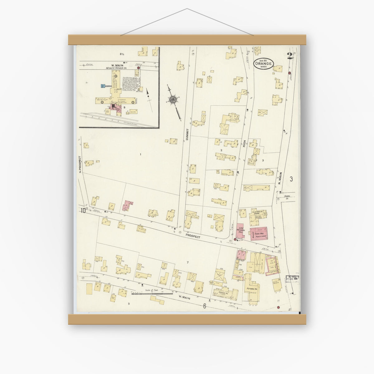 Old map wall art mockup — magnetic wood frame on white wall — Sanborn Fire Insurance Map from Orange, Franklin County, Massachusetts (1911), Sheet #0002