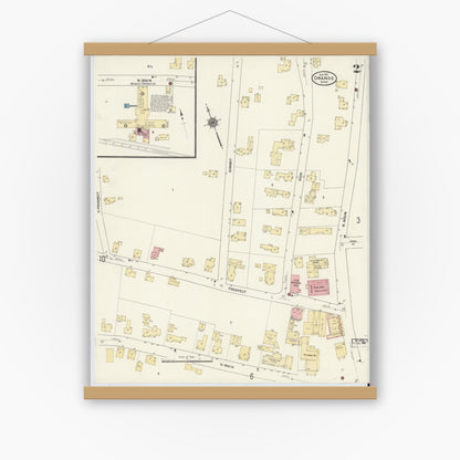 Old map wall art mockup — magnetic wood frame on white wall — Sanborn Fire Insurance Map from Orange, Franklin County, Massachusetts (1911), Sheet #0002