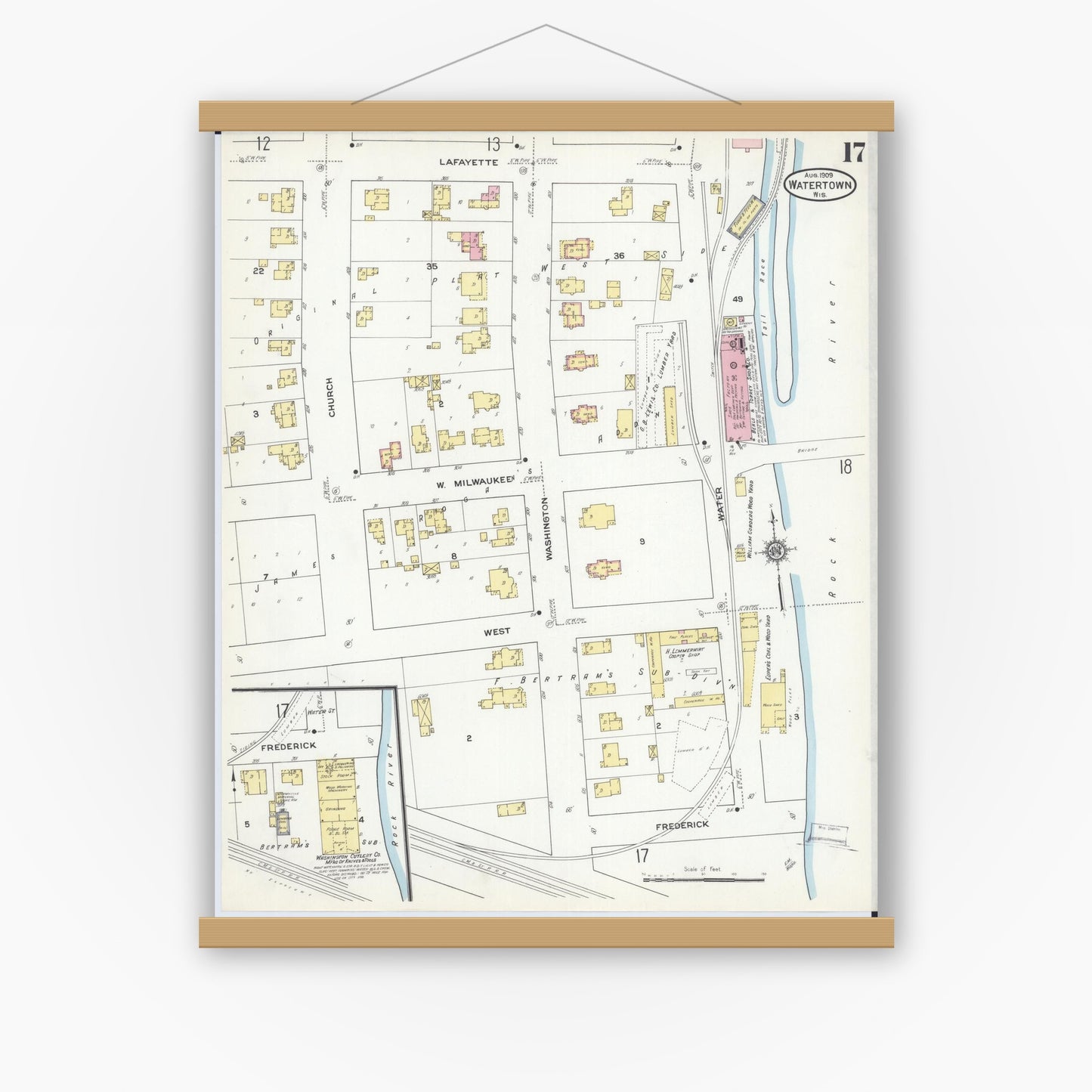 Old map wall art mockup — magnetic wood frame on white wall — Sanborn Fire Insurance Map from Watertown, Jefferson County, Wisconsin (1909), Sheet #0017