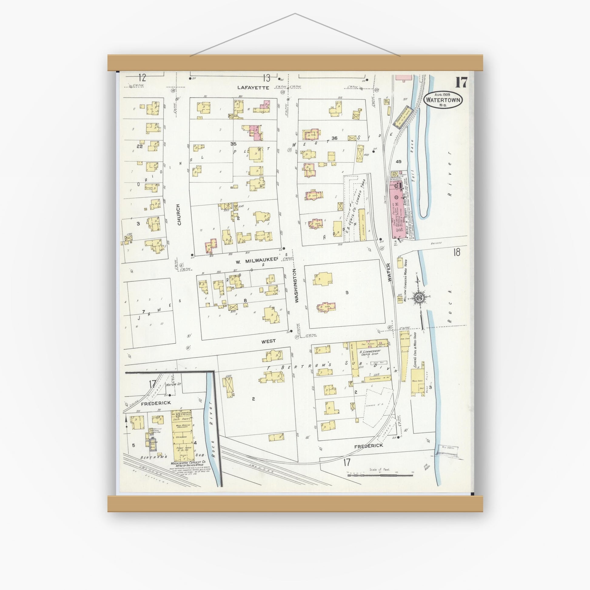 Old map wall art mockup — magnetic wood frame on white wall — Sanborn Fire Insurance Map from Watertown, Jefferson County, Wisconsin (1909), Sheet #0017