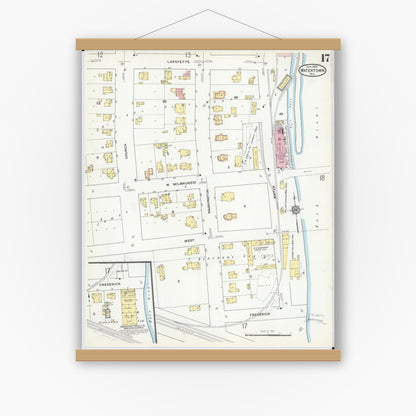 Old map wall art mockup — magnetic wood frame on white wall — Sanborn Fire Insurance Map from Watertown, Jefferson County, Wisconsin (1909), Sheet #0017