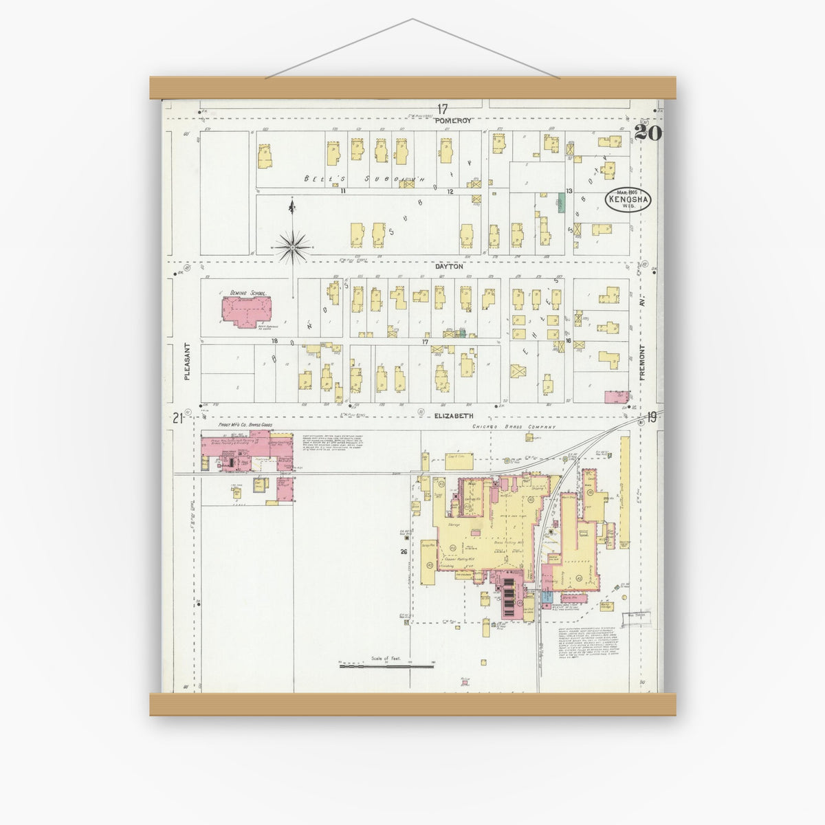 Old map wall art mockup — magnetic wood frame on white wall — Sanborn Fire Insurance Map from Kenosha, Kenosha County, Wisconsin (1905), Sheet #0020