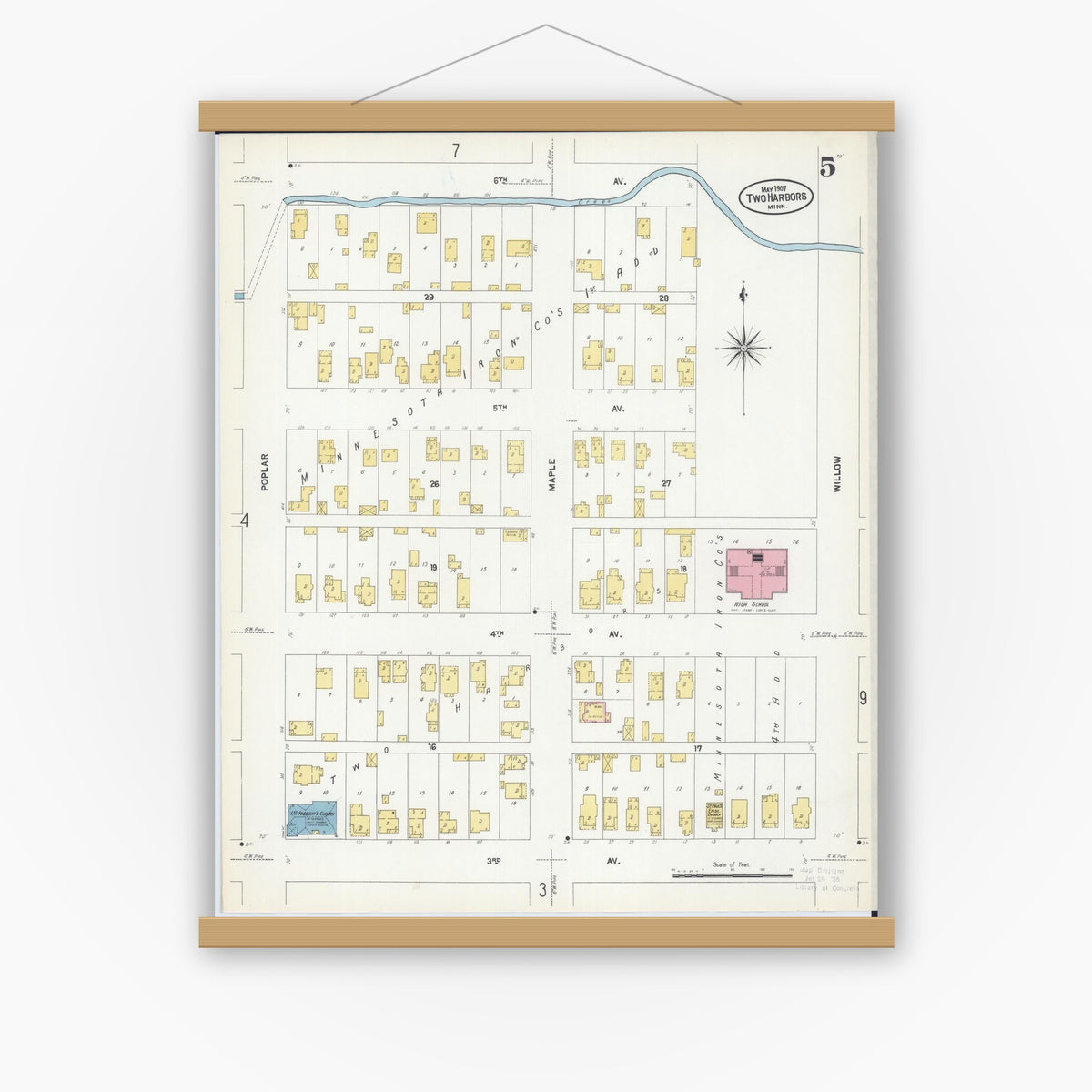 Old map wall art mockup — magnetic wood frame on white wall — Sanborn Fire Insurance Map from Two Harbors, Lake County, Minnesota (1907), Sheet #0005