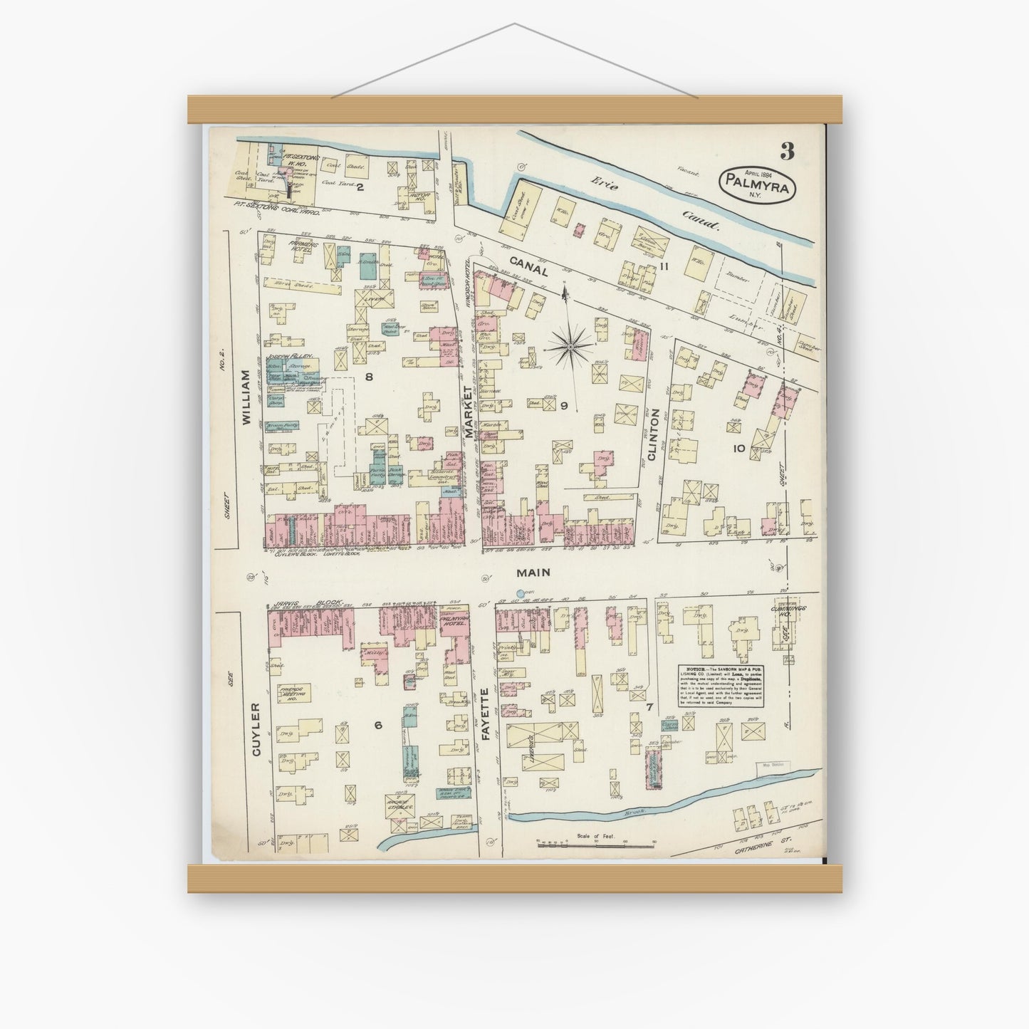 Old map wall art mockup — magnetic wood frame on white wall — Sanborn Fire Insurance Map from Palmyra, Wayne County, New York (1884), Sheet #0003
