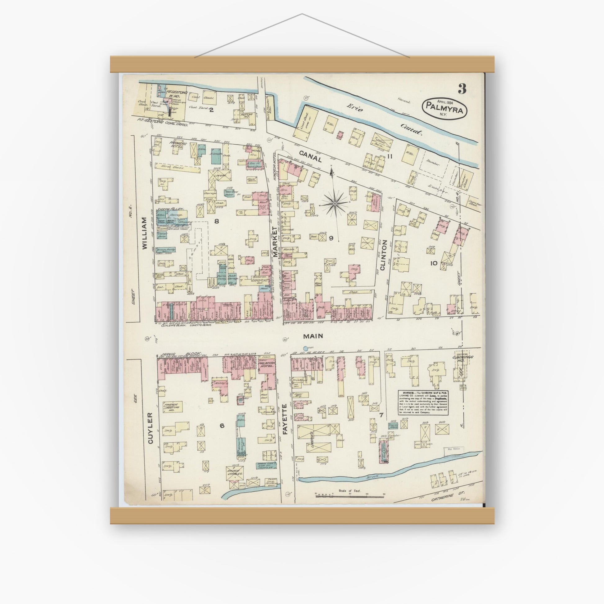 Old map wall art mockup — magnetic wood frame on white wall — Sanborn Fire Insurance Map from Palmyra, Wayne County, New York (1884), Sheet #0003