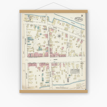 Old map wall art mockup — magnetic wood frame on white wall — Sanborn Fire Insurance Map from Palmyra, Wayne County, New York (1884), Sheet #0003