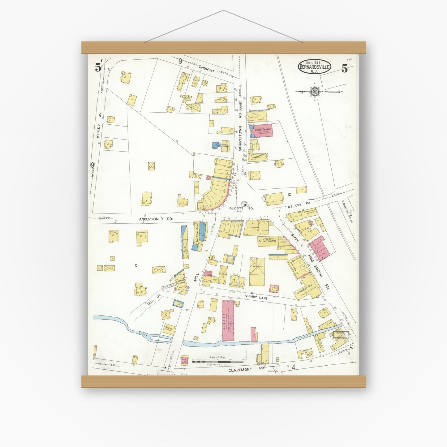 Old map wall art mockup — magnetic wood frame on white wall — Sanborn Fire Insurance Map from Bernardsville, Somerset County, New Jersey (1923), Sheet #0005