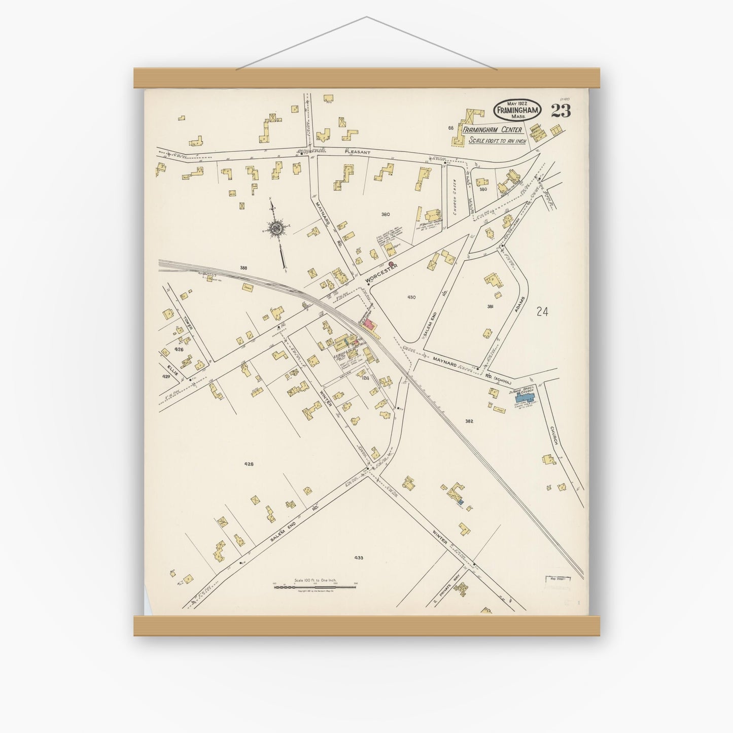 Old map wall art mockup — magnetic wood frame on white wall — Sanborn Fire Insurance Map from Framingham, Middlesex County, Massachusetts (1922), Sheet #0023