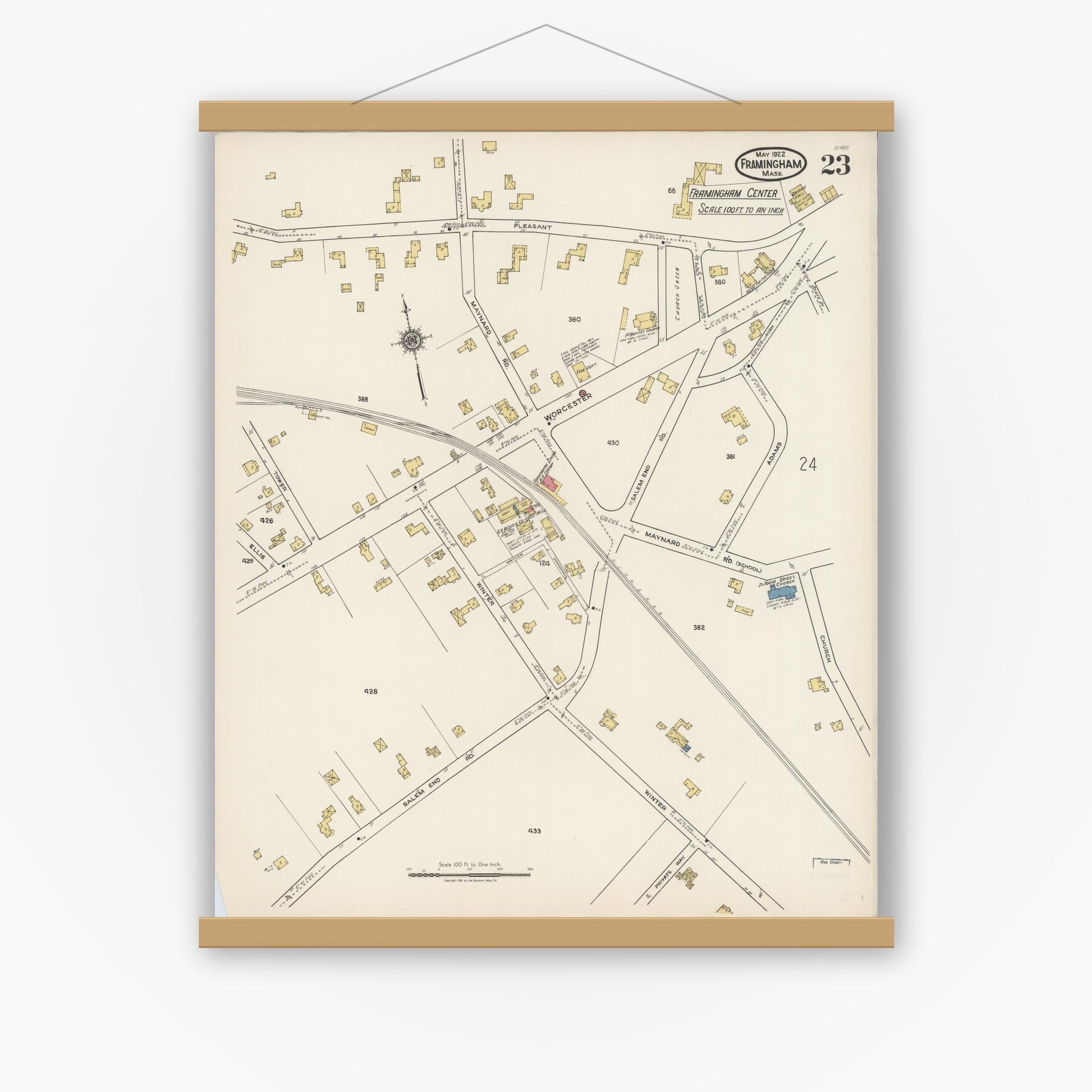 Old map wall art mockup — magnetic wood frame on white wall — Sanborn Fire Insurance Map from Framingham, Middlesex County, Massachusetts (1922), Sheet #0023