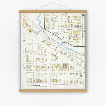 Old map wall art mockup — magnetic wood frame on white wall — Sanborn Fire Insurance Map from Traverse City, Grand Traverse County, Michigan (1904), Sheet #0016
