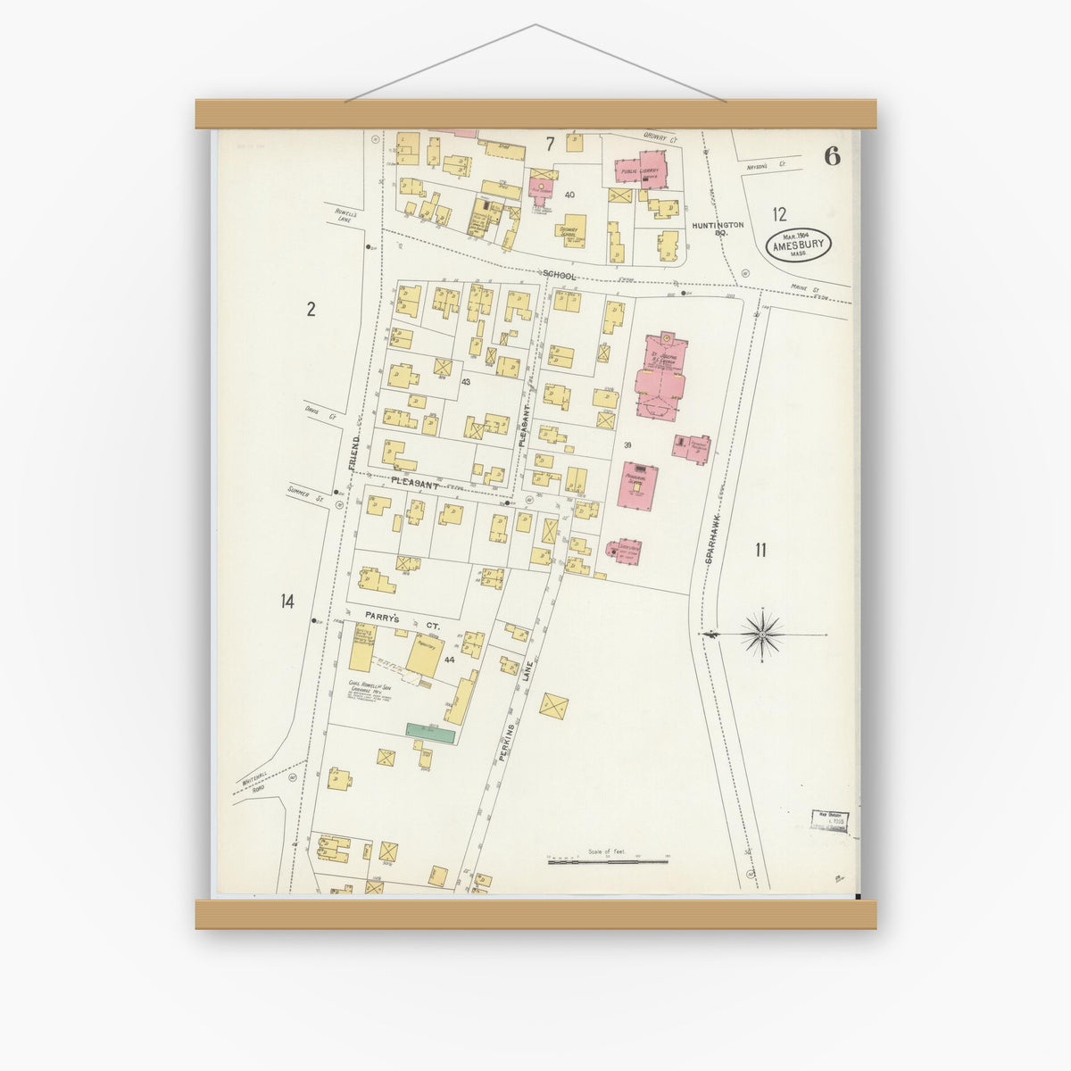 Old map wall art mockup — magnetic wood frame on white wall — Sanborn Fire Insurance Map from Amesbury, Essex County, Massachusetts (1904), Sheet #0006