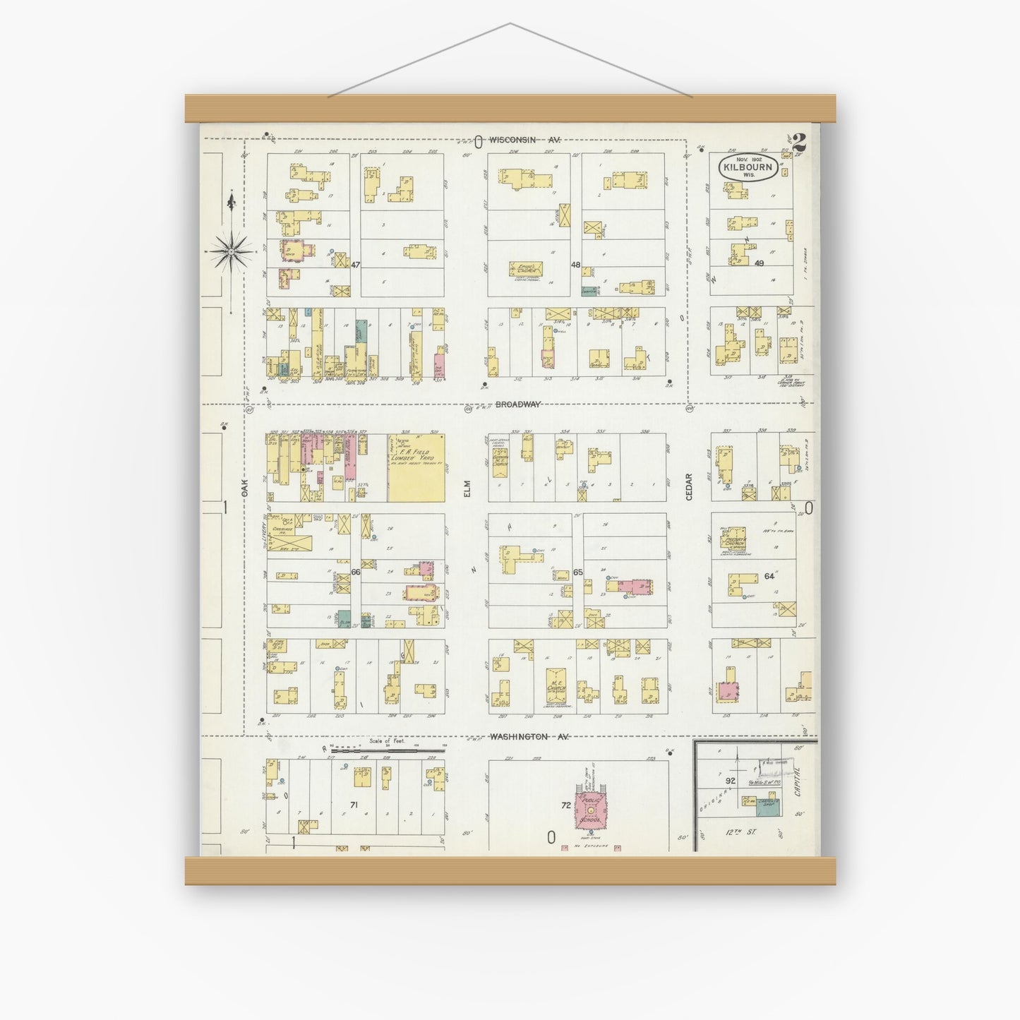 Old map wall art mockup — magnetic wood frame on white wall — Sanborn Fire Insurance Map from Kilbourn, Columbia County, Wisconsin (1902), Sheet #0002