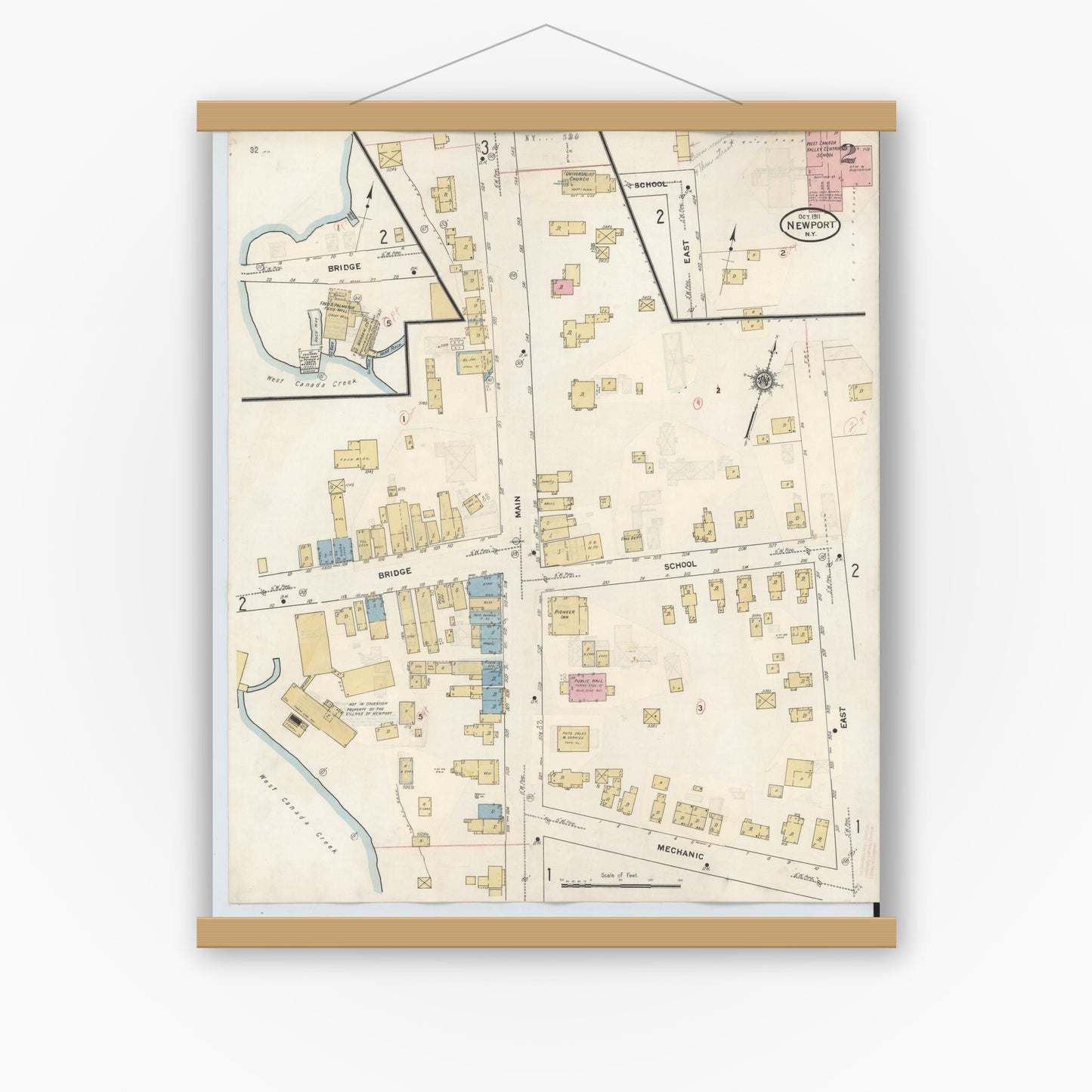 Old map wall art mockup — magnetic wood frame on white wall — Sanborn Fire Insurance Map from Newport, Herkimer County, New York (1938), Sheet #0002