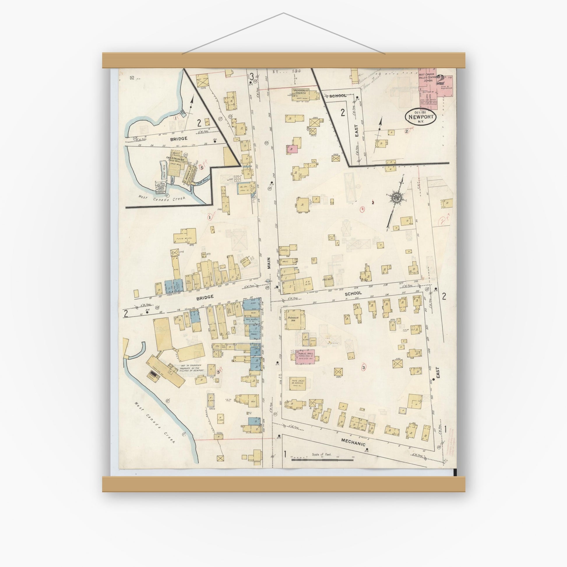 Old map wall art mockup — magnetic wood frame on white wall — Sanborn Fire Insurance Map from Newport, Herkimer County, New York (1938), Sheet #0002