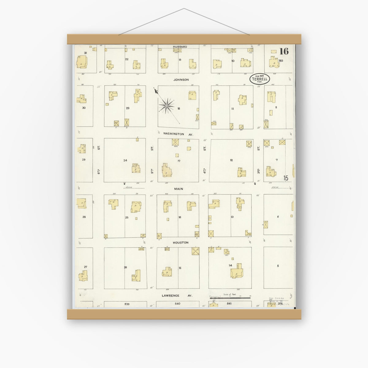 Old map wall art mockup — magnetic wood frame on white wall — Sanborn Fire Insurance Map from Terrell, Kaufman County, Texas (1909), Sheet #0016