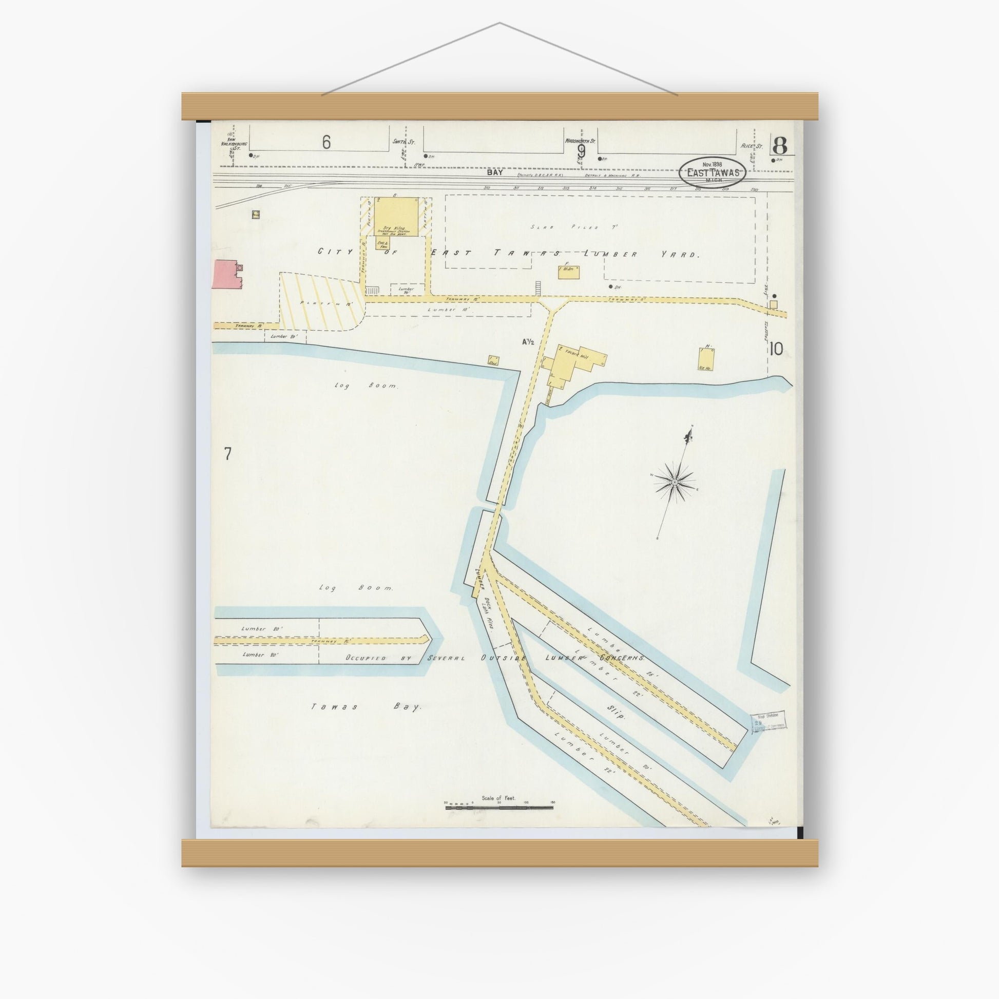 Old map wall art mockup — magnetic wood frame on white wall — Sanborn Fire Insurance Map from Tawas City, Iosco County, Michigan (1898), Sheet #0008