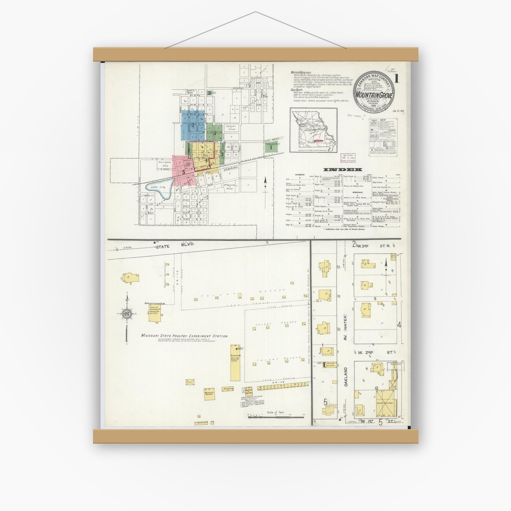 Old map wall art mockup — magnetic wood frame on white wall — Sanborn Fire Insurance Map from Mountain Grove, Wright County, Missouri (1915) - Complete Map Set